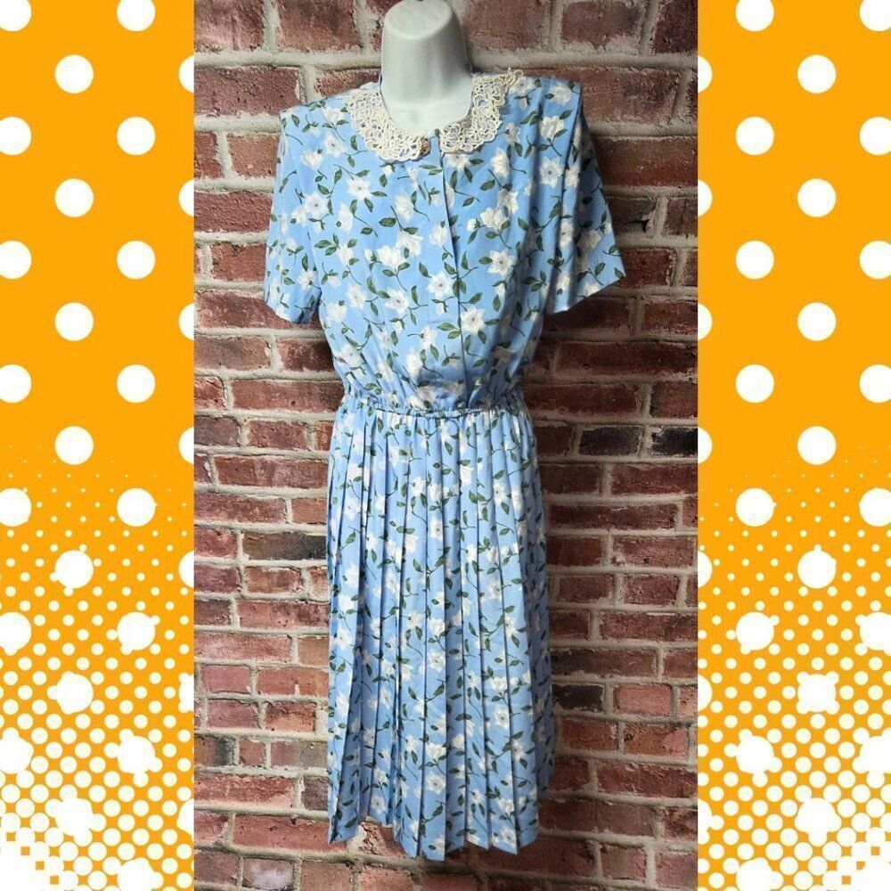 Vintage 70s Women's LESLIE FAYE Short‎ Sleeves Floral Pleated Midi Dress 12P